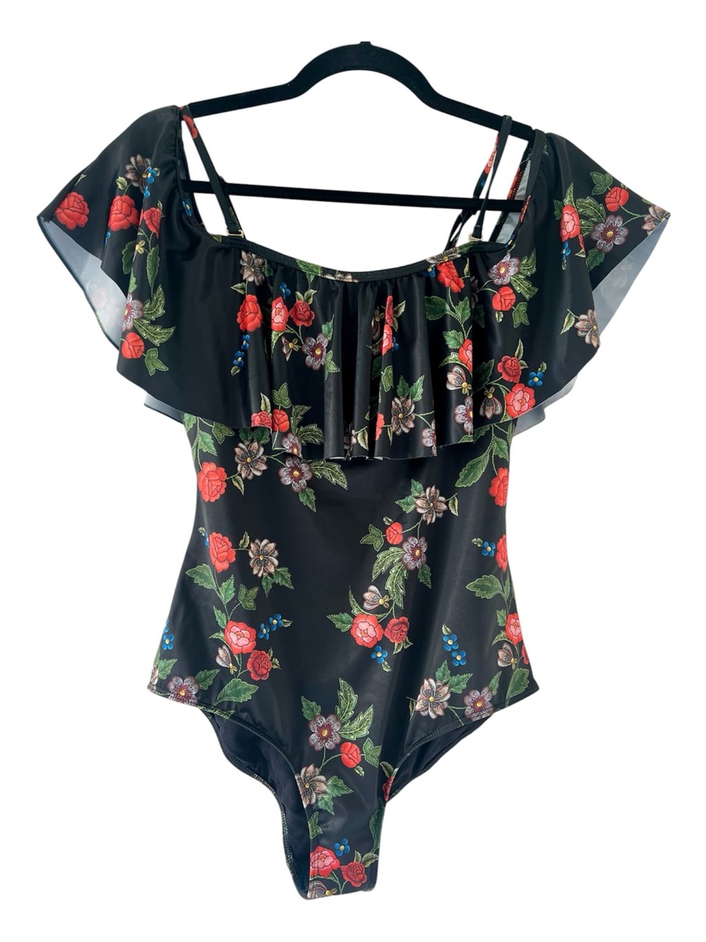 Black Floral One-Piece Swimsuit with Ruffle Vintage Pinup Girl Retro Size M